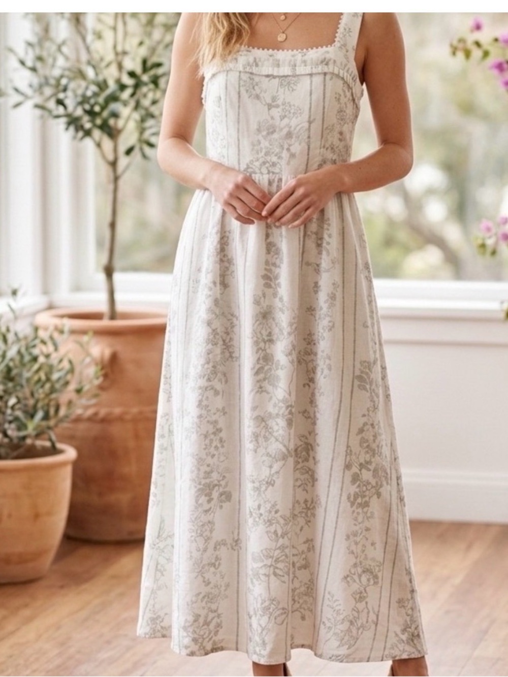 Caroline Constas Sage Green Floral Cottagecore Midi Dress Romantic Prairie Summe - Picture 2 of 9